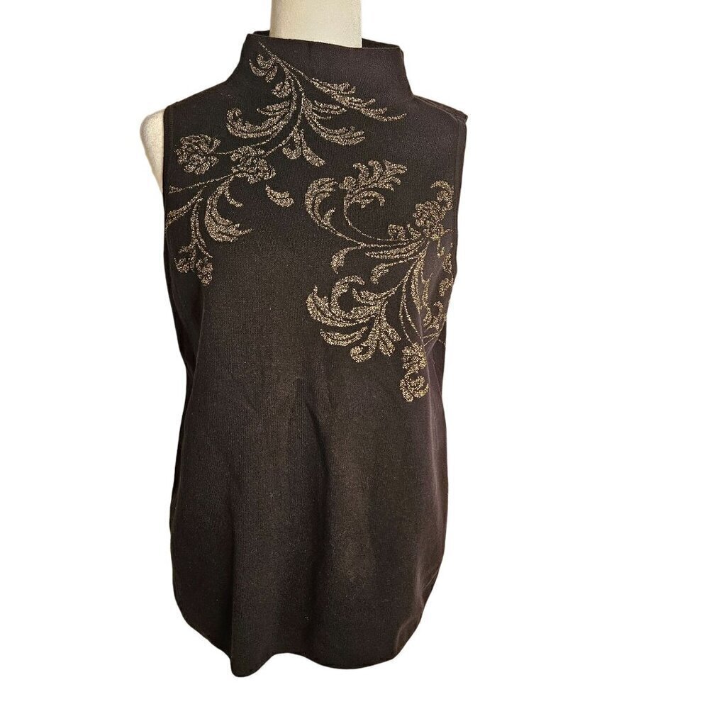 Chico's Lurex Scroll Print Sweater Tank Gold Detail Sleeveless Size 2 US Large